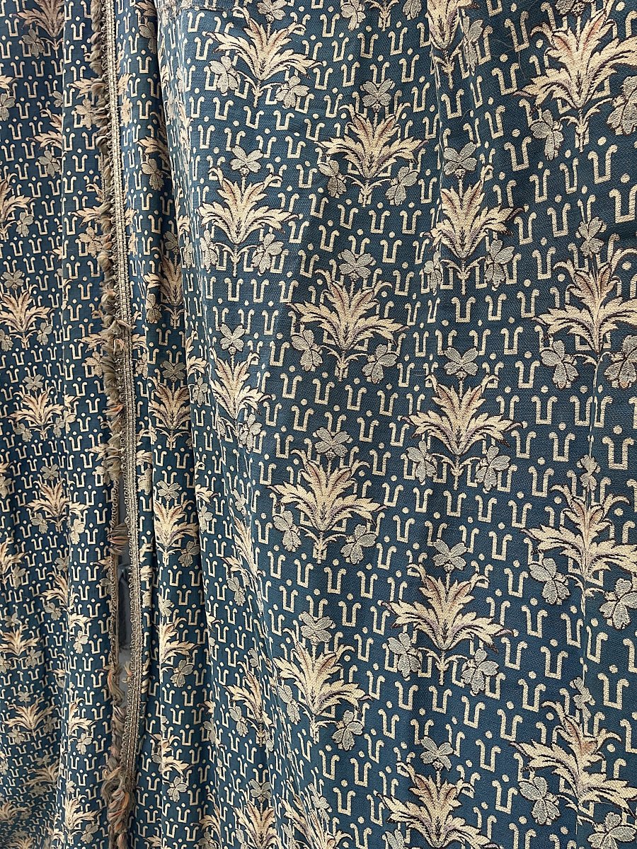Autre Importante Paire de Rideaux de Château aux Fils d'Or, Bleu et Or, Fin XIXe-photo-1