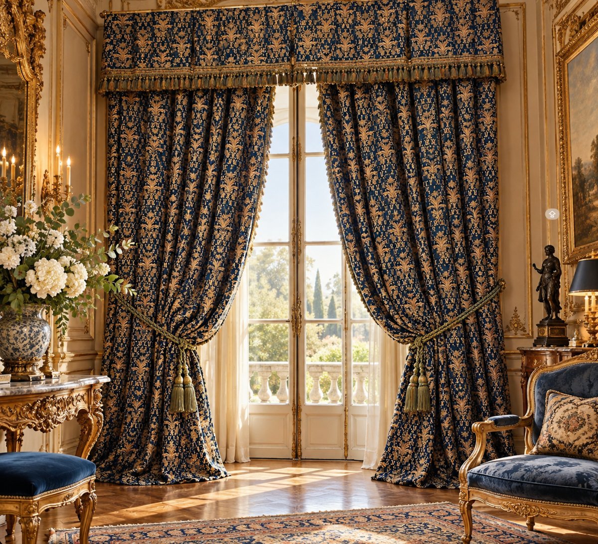 Autre Importante Paire de Rideaux de Château aux Fils d'Or, Bleu et Or, Fin XIXe-photo-8