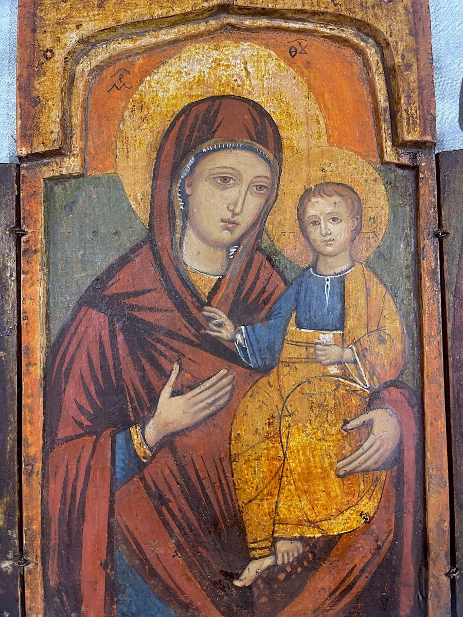 Orthodox Folding Triptych, Virgin And Child, Greece Or The Balkans, 18th Century-photo-3