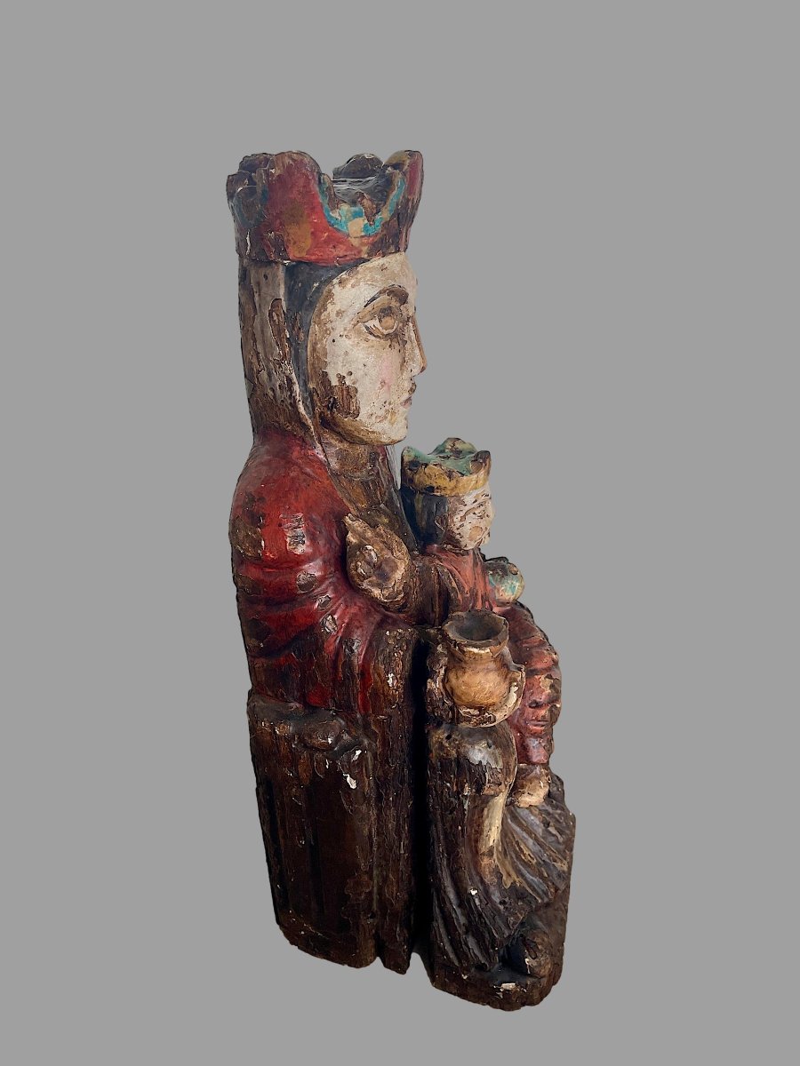 Polychrome Carved Wooden "virgin And Child With Crown," Romanesque Style, H. 40 Cm-photo-2