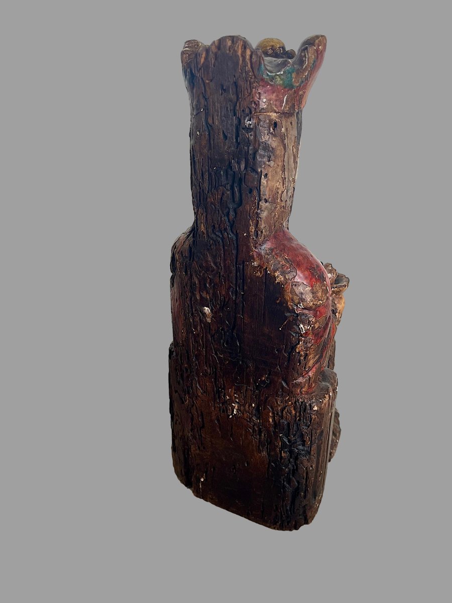 Polychrome Carved Wooden "virgin And Child With Crown," Romanesque Style, H. 40 Cm-photo-3