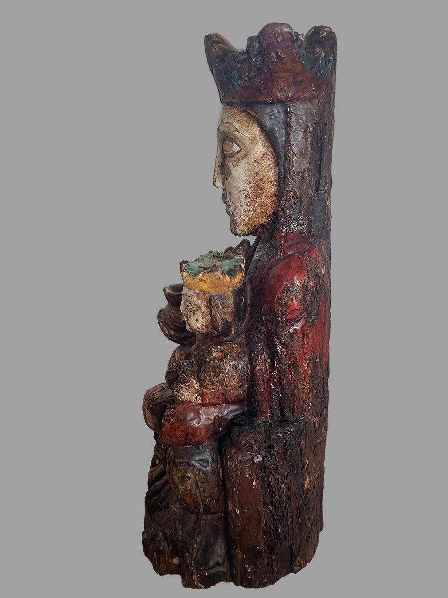 Polychrome Carved Wooden "virgin And Child With Crown," Romanesque Style, H. 40 Cm-photo-4