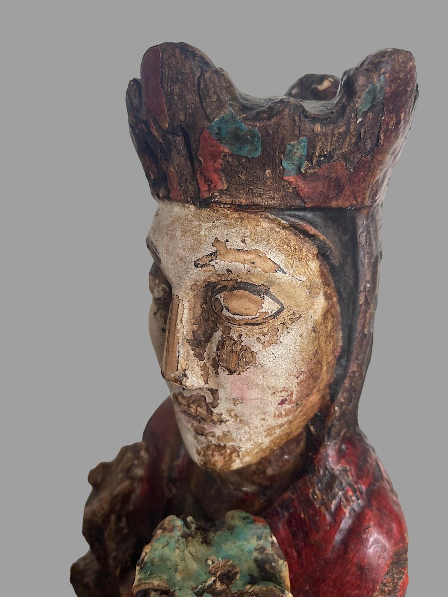 Polychrome Carved Wooden "virgin And Child With Crown," Romanesque Style, H. 40 Cm-photo-2