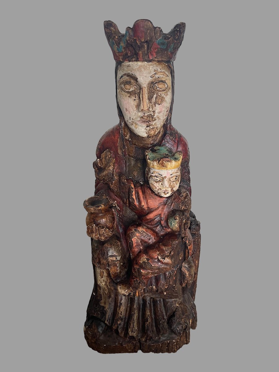 Polychrome Carved Wooden "virgin And Child With Crown," Romanesque Style, H. 40 Cm-photo-3
