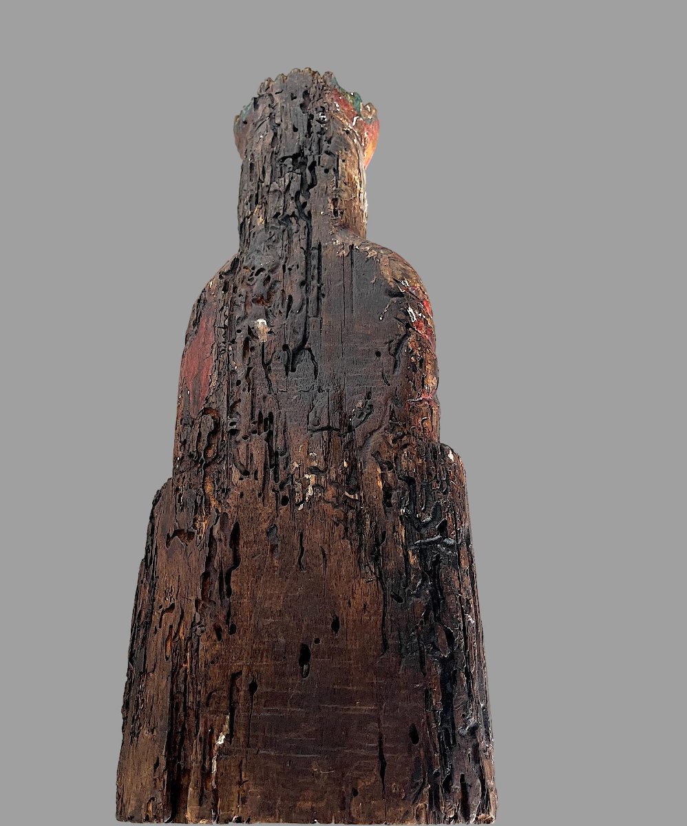 Polychrome Carved Wooden "virgin And Child With Crown," Romanesque Style, H. 40 Cm-photo-5