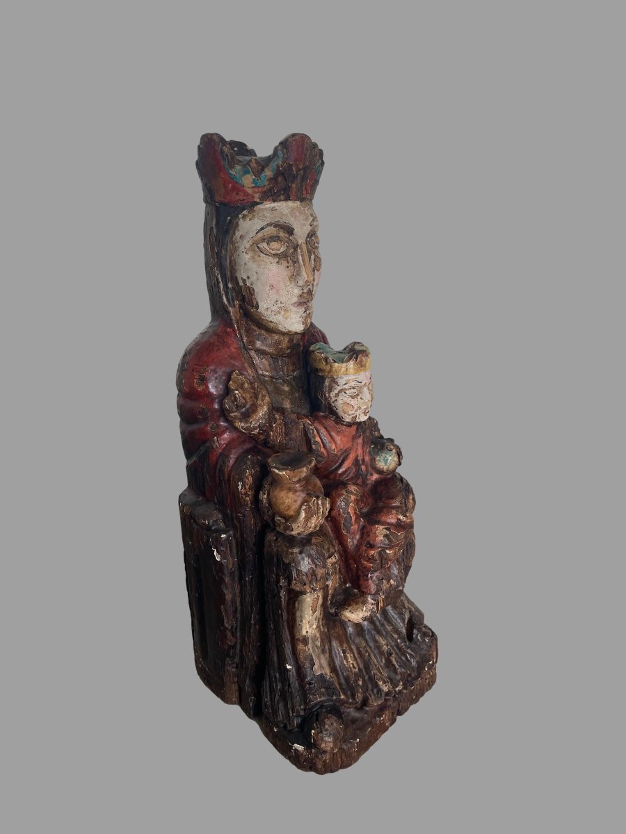 Polychrome Carved Wooden "virgin And Child With Crown," Romanesque Style, H. 40 Cm-photo-6
