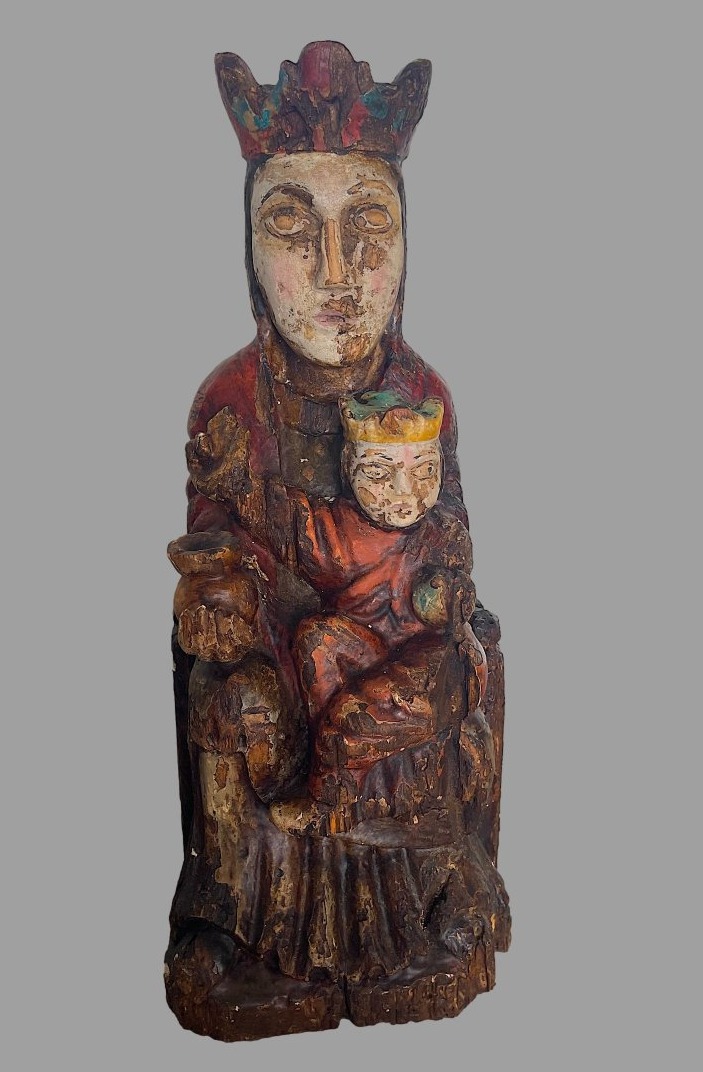 Polychrome Carved Wooden "virgin And Child With Crown," Romanesque Style, H. 40 Cm