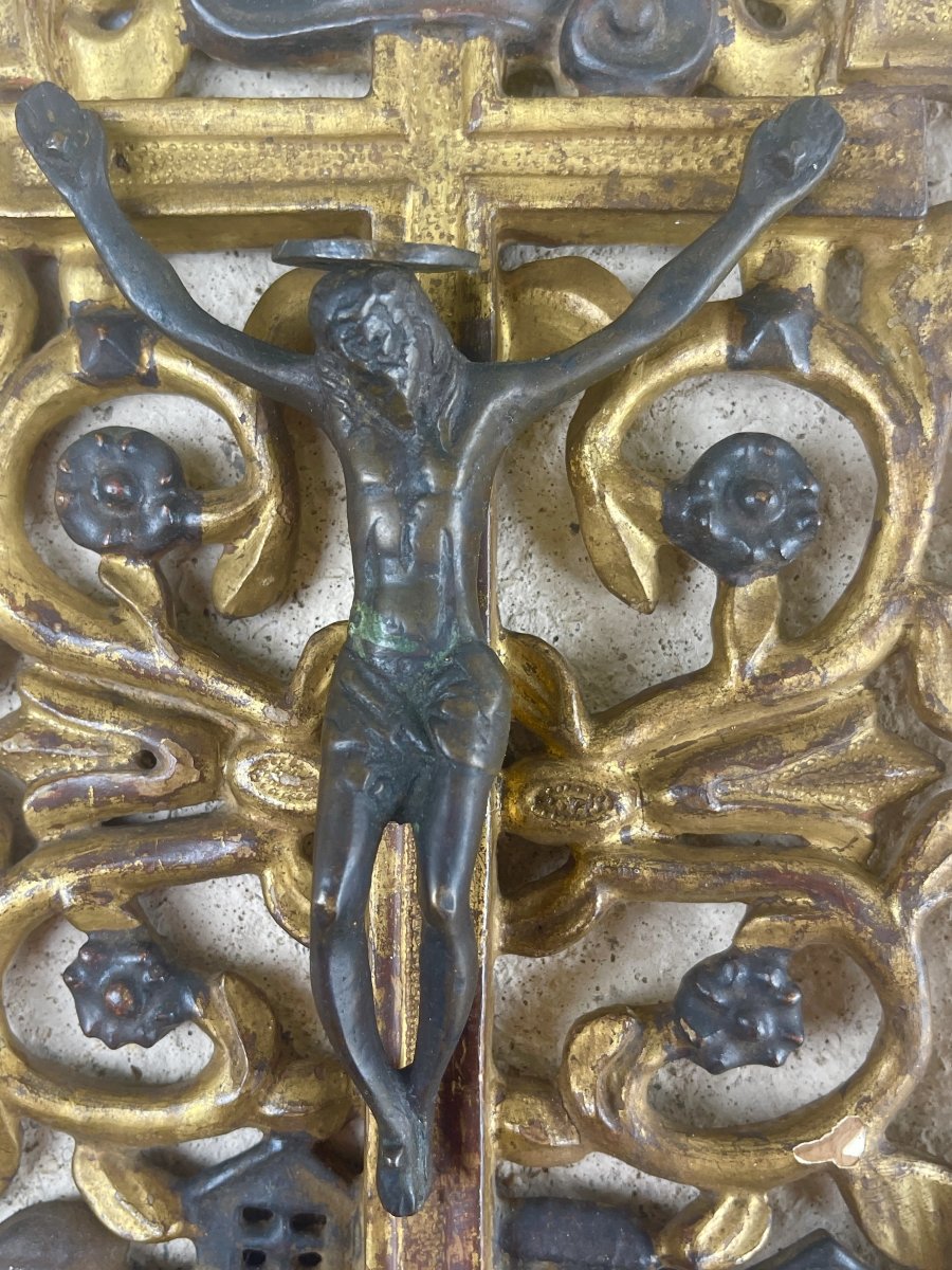 Crucifix Mural Ancien en Bronze et Bois Doré, Décor Baroque, XVIIIe Siècle-photo-2