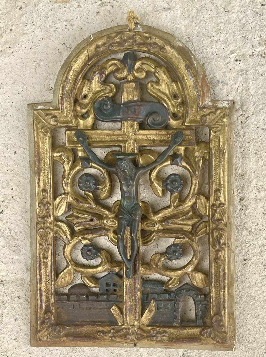 Crucifix Mural Ancien en Bronze et Bois Doré, Décor Baroque, XVIIIe Siècle-photo-3