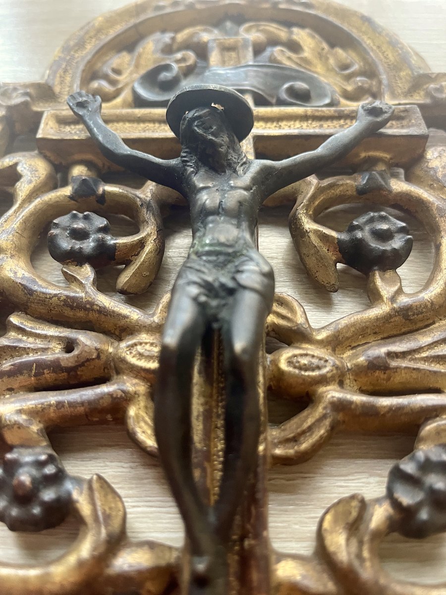 Crucifix Mural Ancien en Bronze et Bois Doré, Décor Baroque, XVIIIe Siècle-photo-4
