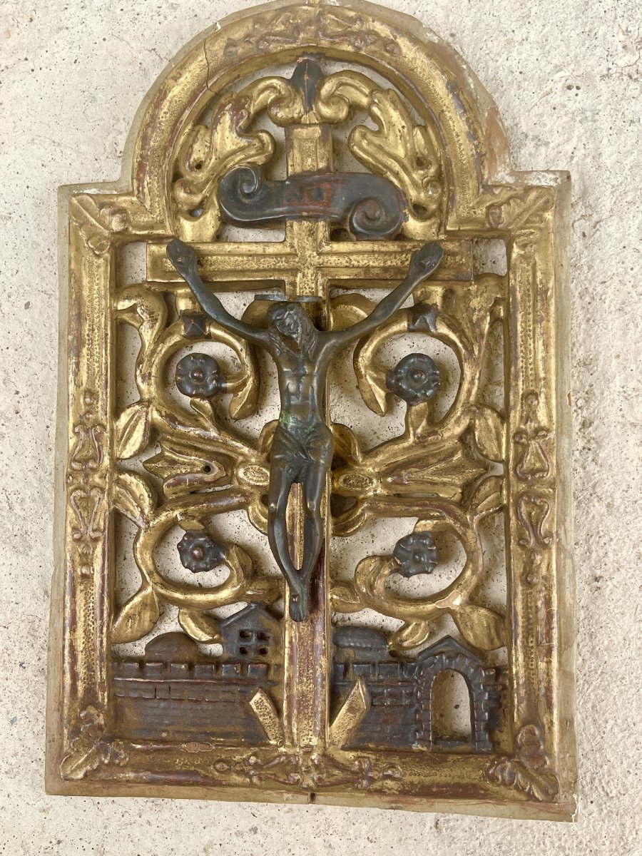 Crucifix Mural Ancien en Bronze et Bois Doré, Décor Baroque, XVIIIe Siècle-photo-1