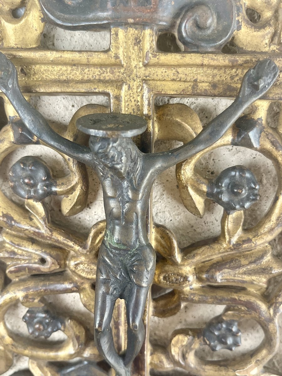 Crucifix Mural Ancien en Bronze et Bois Doré, Décor Baroque, XVIIIe Siècle-photo-2