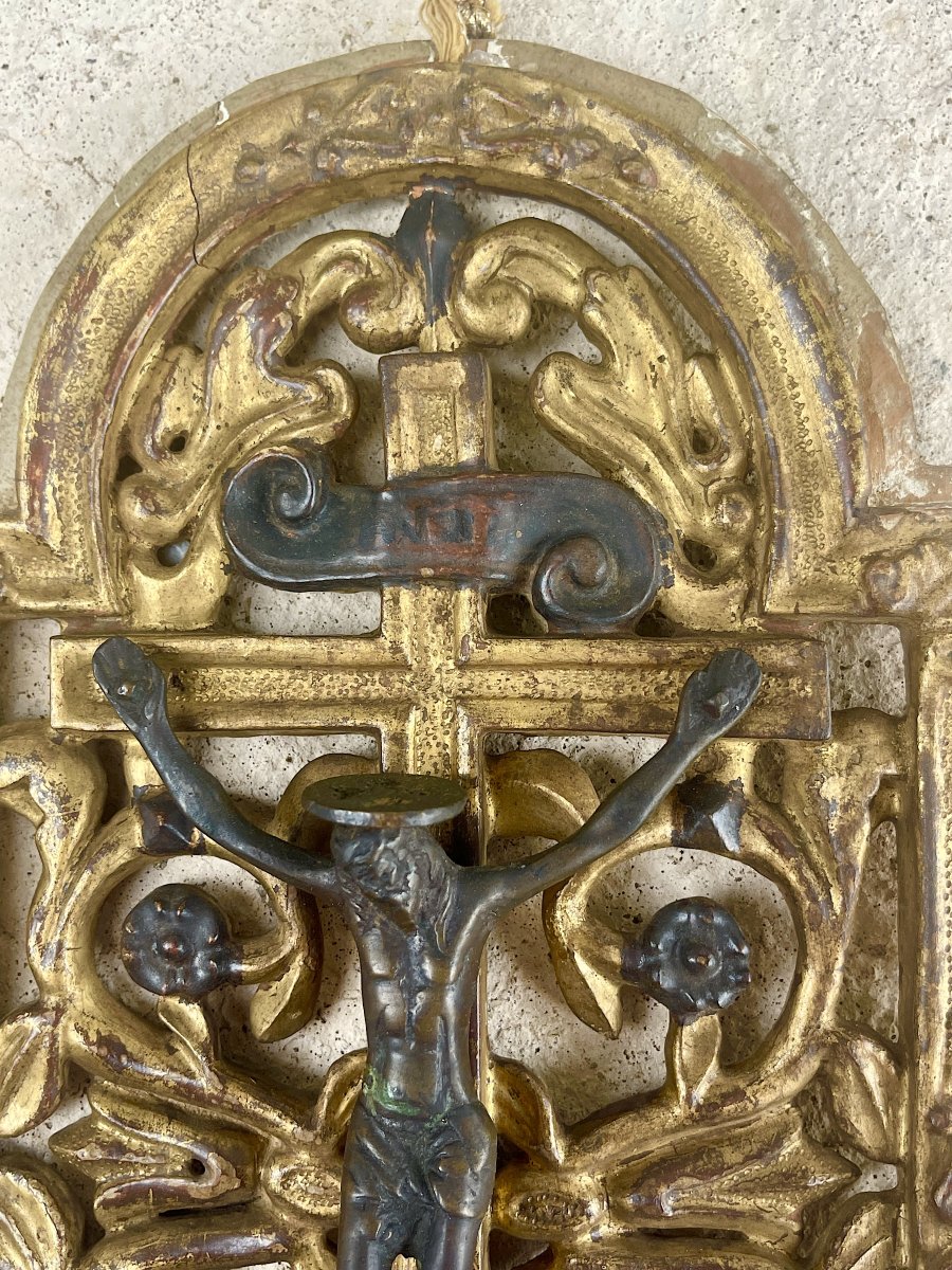 Crucifix Mural Ancien en Bronze et Bois Doré, Décor Baroque, XVIIIe Siècle-photo-3