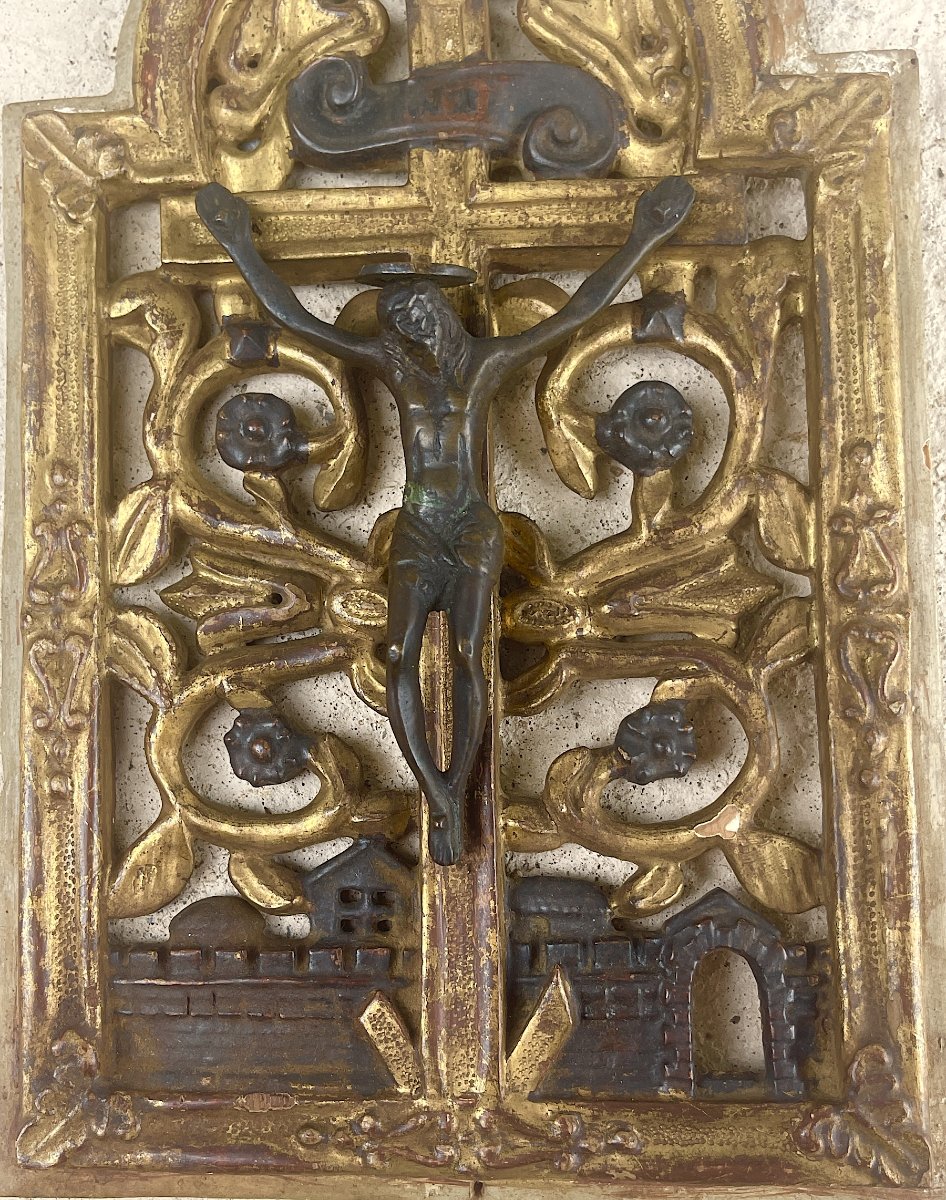 Crucifix Mural Ancien en Bronze et Bois Doré, Décor Baroque, XVIIIe Siècle-photo-4