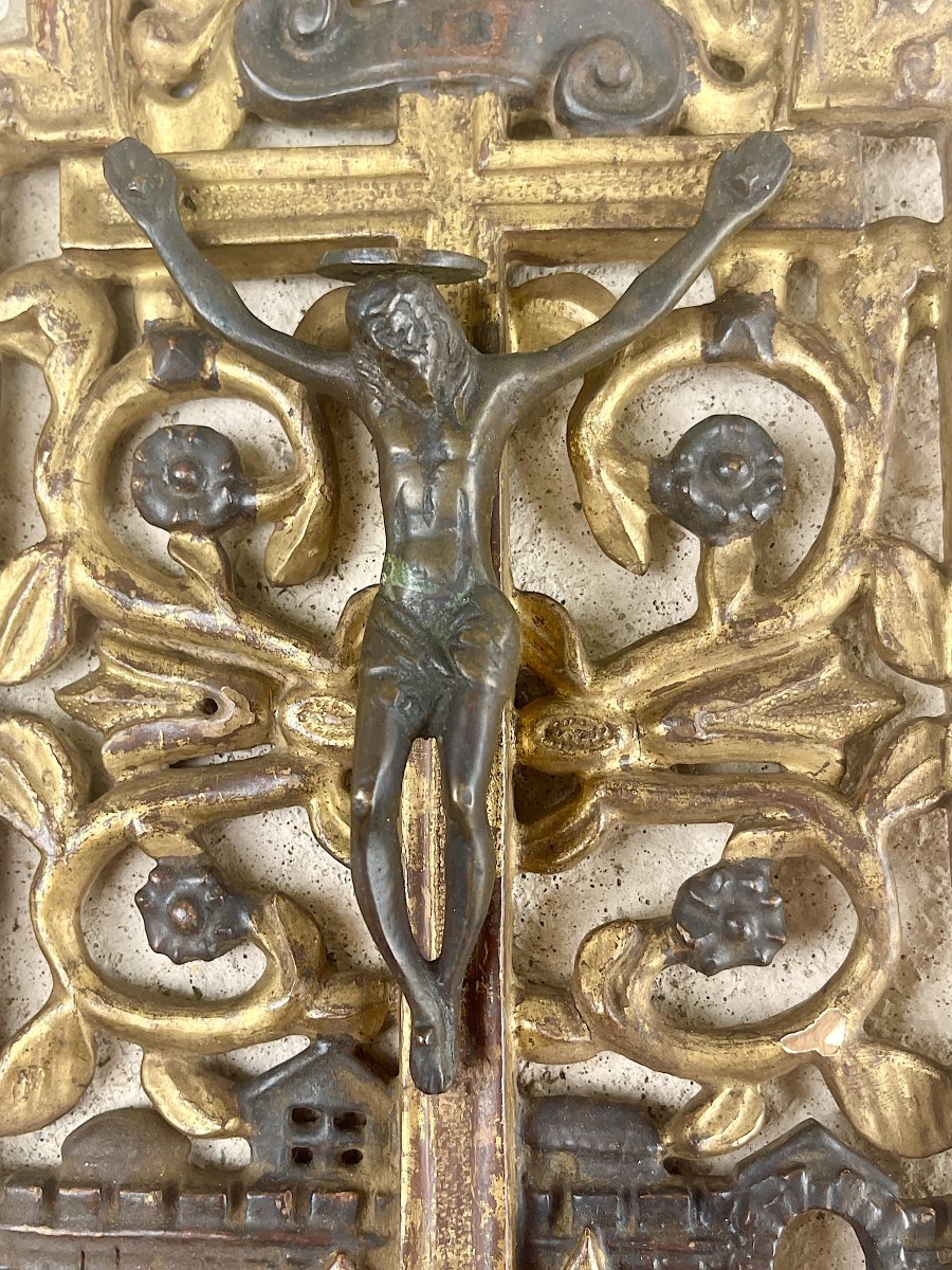 Crucifix Mural Ancien en Bronze et Bois Doré, Décor Baroque, XVIIIe Siècle-photo-5