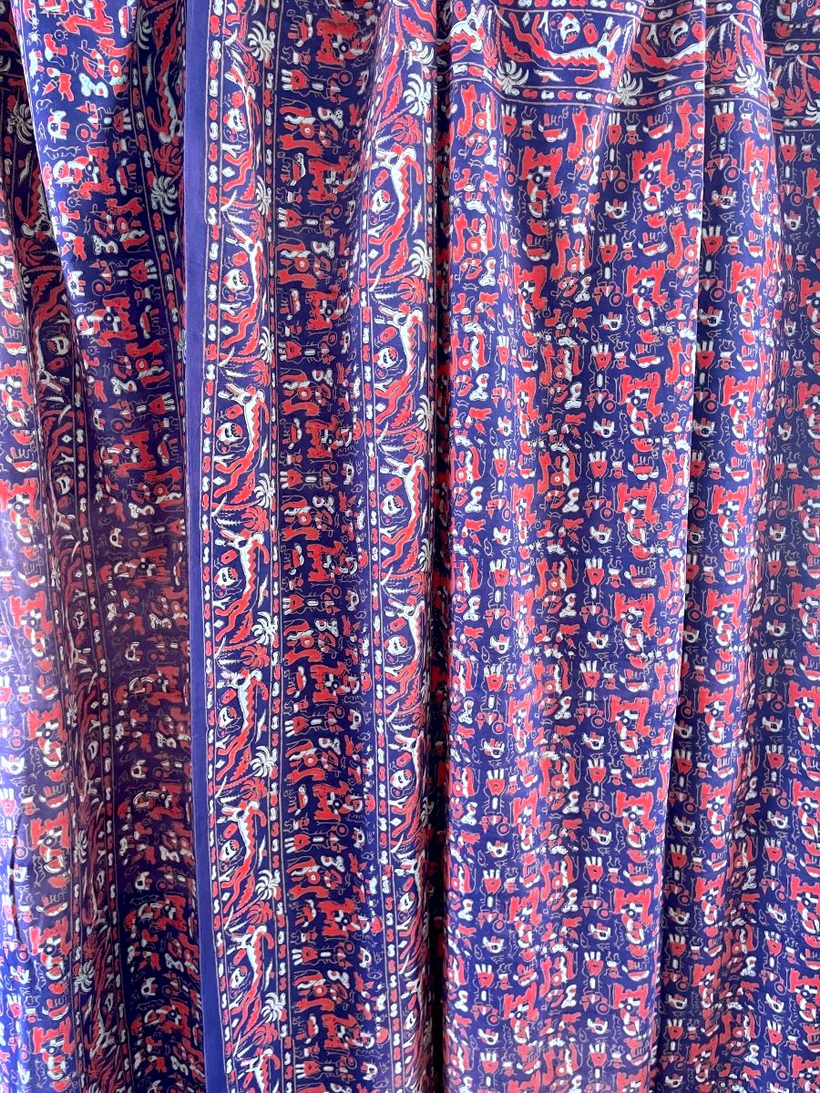 Pair Of Indo-portuguese Curtains With Stylized Animal Motifs, Indigo, Early 20th Century-photo-3