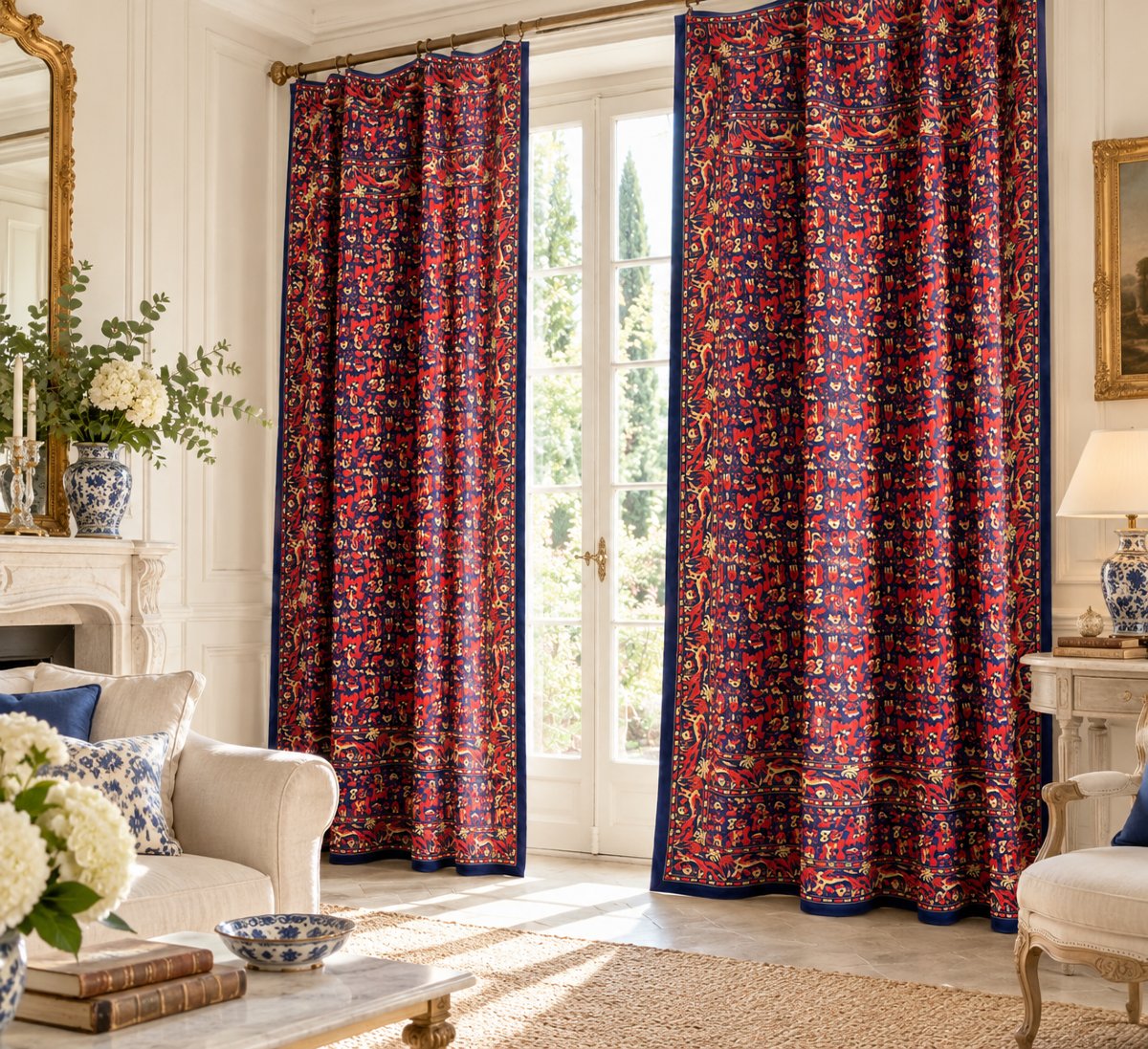 Pair Of Indo-portuguese Curtains With Stylized Animal Motifs, Indigo, Early 20th Century-photo-7