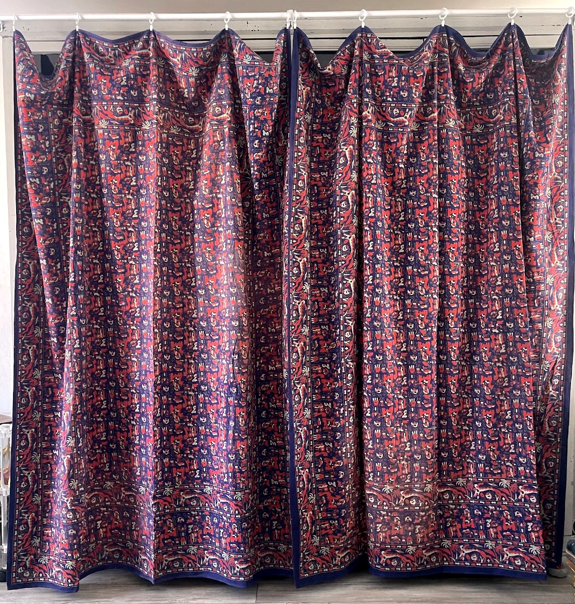 Pair Of Indo-portuguese Curtains With Stylized Animal Motifs, Indigo, Early 20th Century