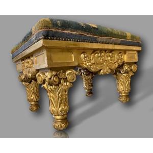 Important Louis XIII Bench – Solid Gilded Wood, 17th Century Aubusson Tapestry