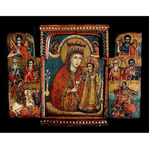 Triptyque de dévotion à la Vierge à l’Enfant –Balkans 18ème– Tempera sur Panneau