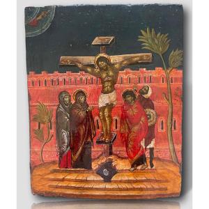 CRUCIFIXION DU CHRIST – Icône ancienne – Tempera sur panneau - XVIIᵉ siècle