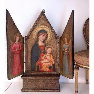 Large Sienese Triptych From The Trecento - Tempera On A Gold Ground - Circle Of Ambrogio Lorenzetti