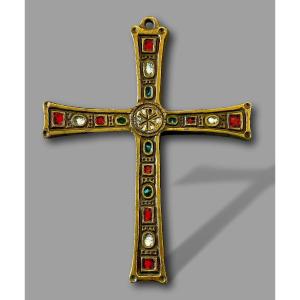 Croix pectorale Médiévale en bronze émaillé champlevé — Chrisme Chi-Rho — D. et S. PIÉCHAUD 