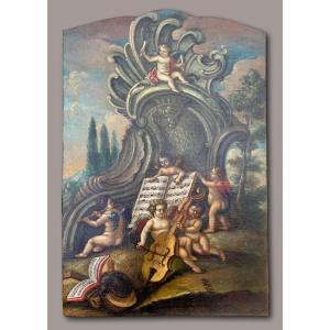 Large Rococo Oil On Canvas From The 18th Century - Allegory Of The Music At The Putti -