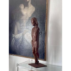 Exceptionnelle Sculpture Médiévale de Saint Sébastien en Chêne Monoxyle – Primitif XIIè siècle