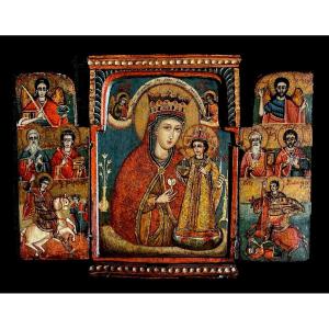 Orthodox Triptych Depicting The Crowned Virgin And Child – Balkan School, 18th Century