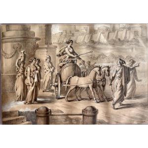 École Romaine XVIIIe – Nausicaa conduit Ulysse auprès d'Alcinoos – Lavis & Plume