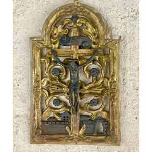 Antique Wall-mounted Crucifix In Bronze And Gilded Wood, Baroque Style, 18th Century