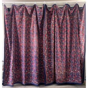 Pair Of Indo-portuguese Curtains With Stylized Animal Motifs, Indigo, Early 20th Century
