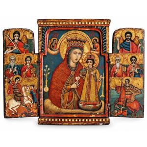 Triptyque orthodoxe à la Vierge couronnée et à l’Enfant-Christ — Tempera sur bois, XVIIIe s