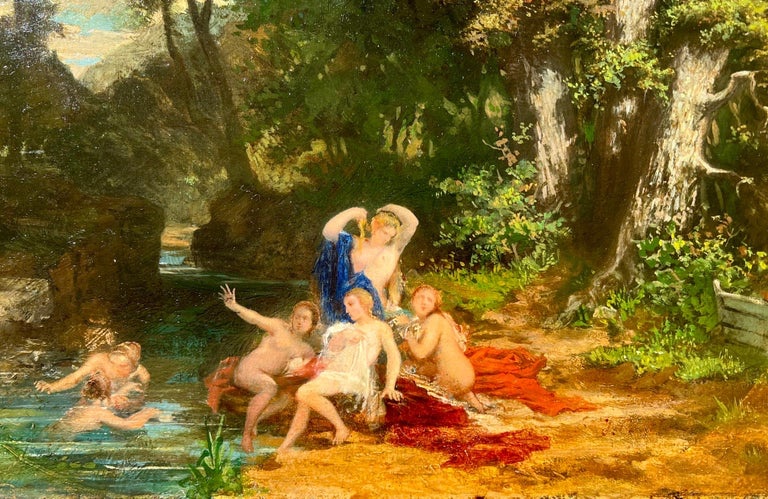 Tableau Barbizon du XIXe siècle - Groupe élégant en extérieur-photo-4