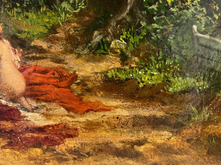 Tableau Barbizon du XIXe siècle - Groupe élégant en extérieur-photo-2