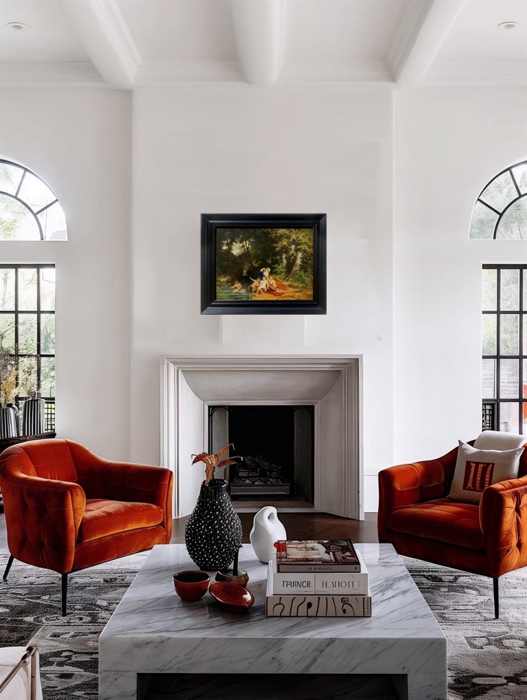 Tableau Barbizon du XIXe siècle - Groupe élégant en extérieur-photo-5