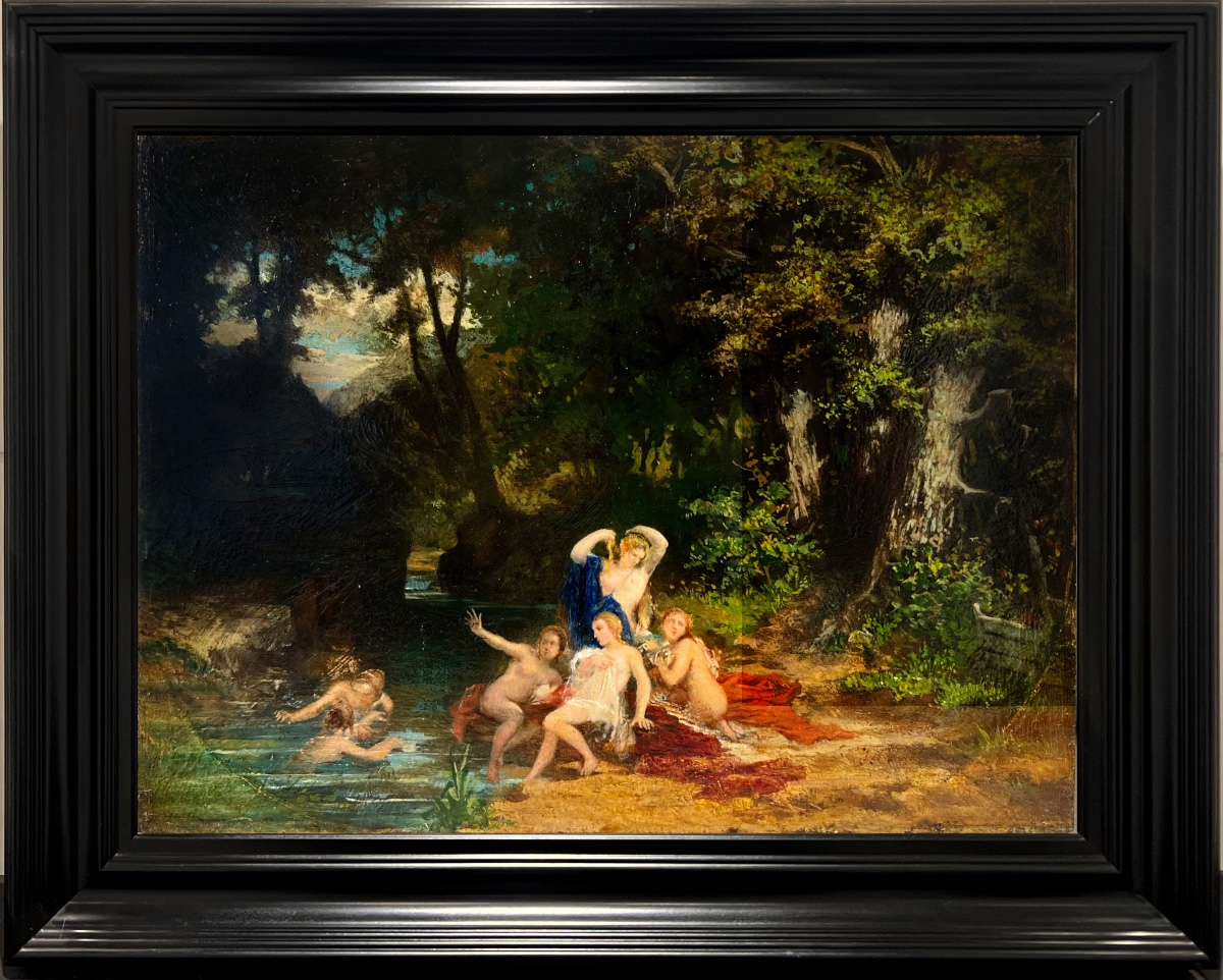 Tableau Barbizon du XIXe siècle - Groupe élégant en extérieur