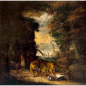 Majestueux paysage de chasse aux lions - 1661 - Signature Brueghel