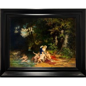 Tableau Barbizon du XIXe siècle - Groupe élégant en extérieur