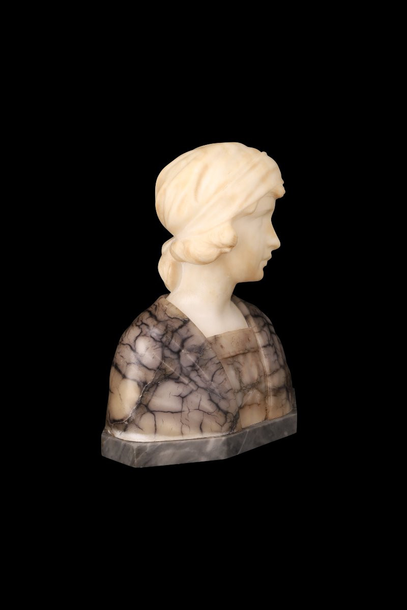 Sculpture En Albâtre Et En Marbre "Buste De Jeune Fille" De Gustave Van Vaerenbergh (1873-1927)-photo-7