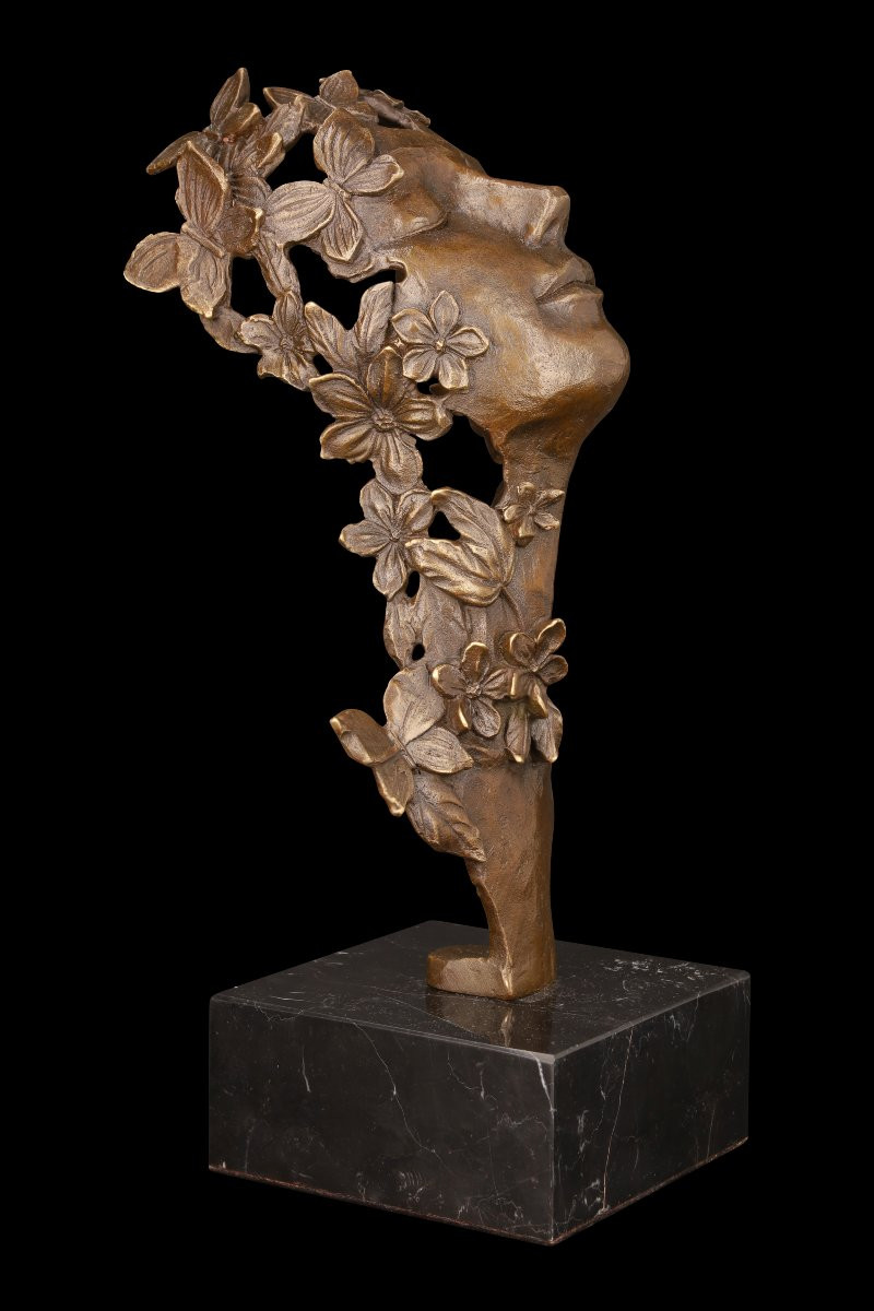 Late Bronze Sculpture "face Of A Woman With Flowers" By Milo-photo-6