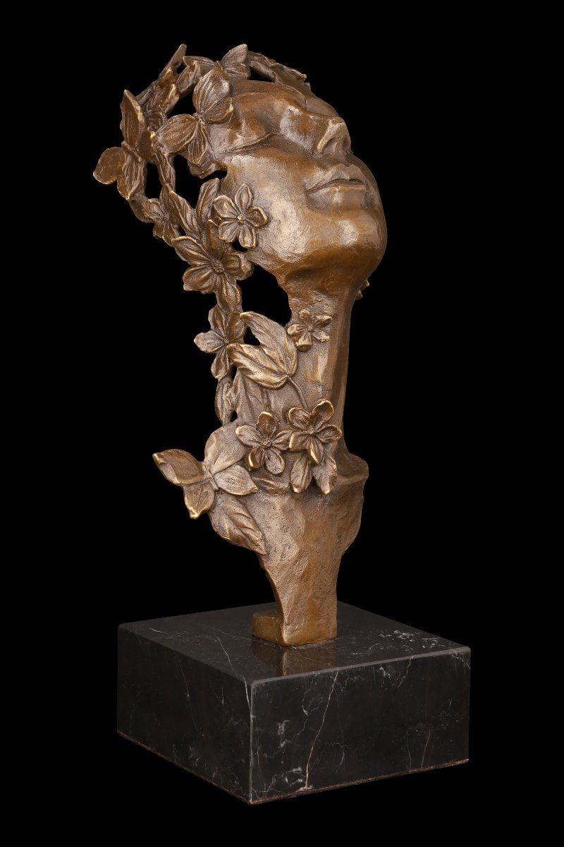 Late Bronze Sculpture "face Of A Woman With Flowers" By Milo-photo-7
