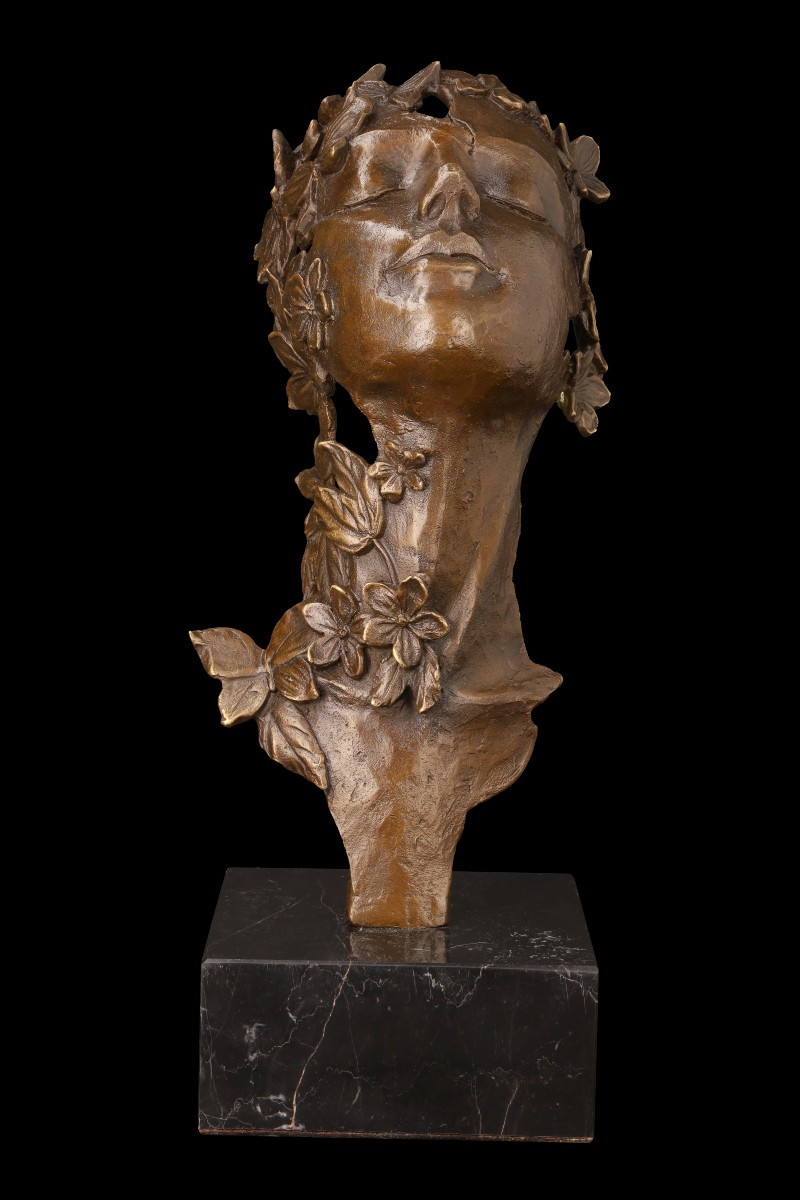 Late Bronze Sculpture "face Of A Woman With Flowers" By Milo