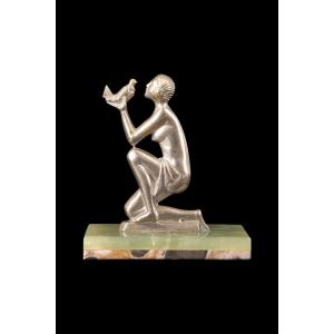 Art Deco Statuette "young Woman With A Bird" In Silver-plated Bronze And Onyx 