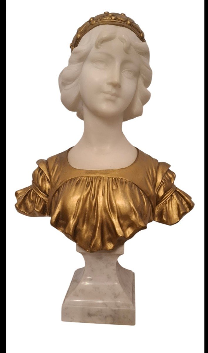 Buste De Jeune Fille Marbre Et Bronze Par A.calendi, 1900