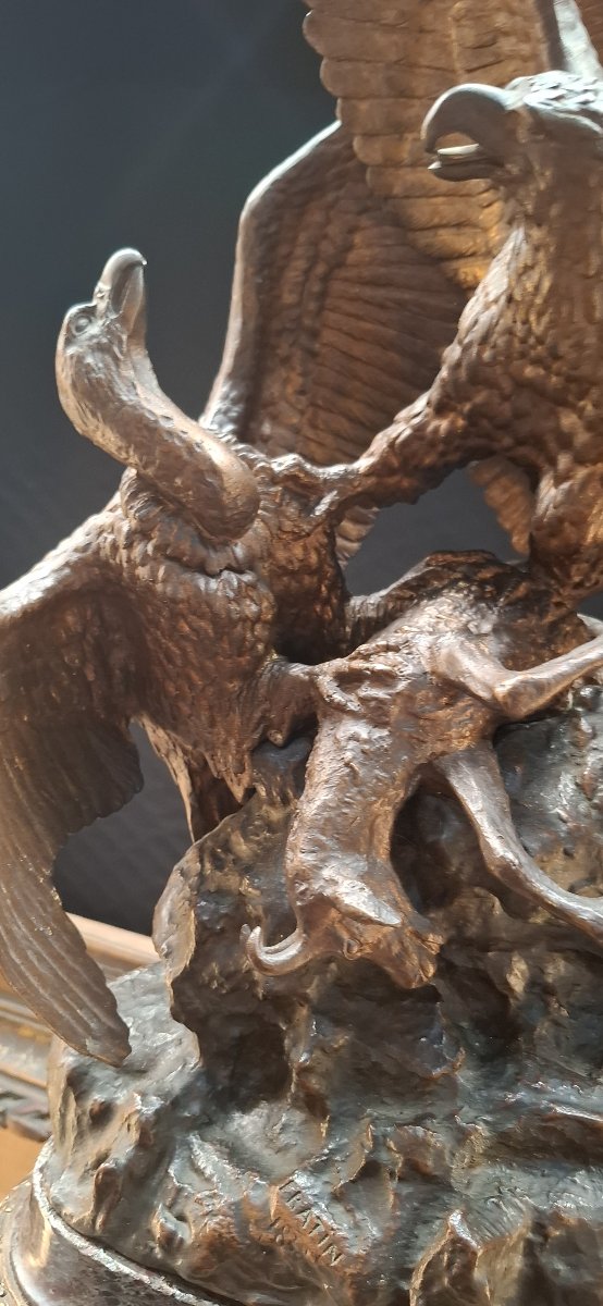 Christophe Fratin (1801-1864), Two Birds Of Prey Fighting Over Prey, 19th Century Bronze-photo-4