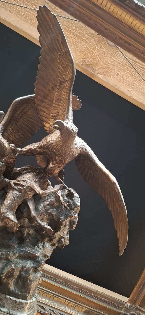 Christophe Fratin (1801-1864), Two Birds Of Prey Fighting Over Prey, 19th Century Bronze-photo-5