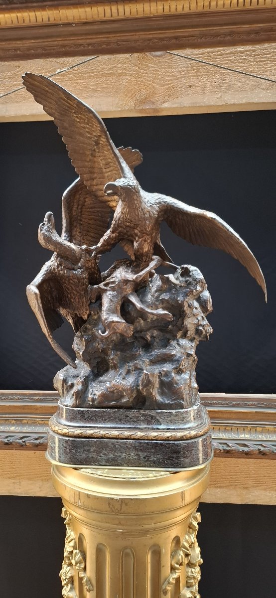 Christophe Fratin (1801-1864), Two Birds Of Prey Fighting Over Prey, 19th Century Bronze-photo-6