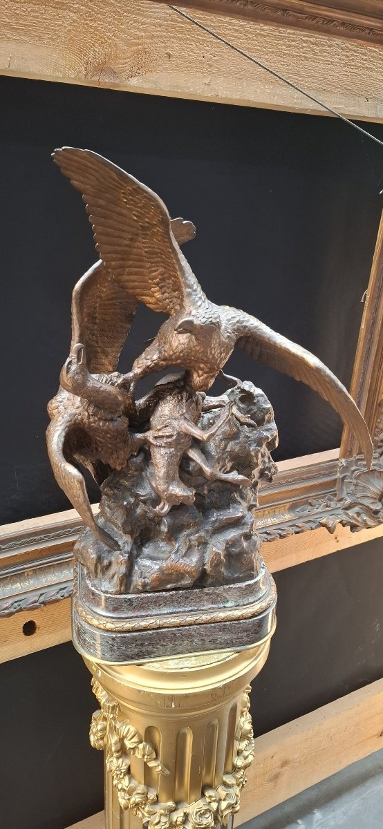 Christophe Fratin (1801-1864), Two Birds Of Prey Fighting Over Prey, 19th Century Bronze-photo-7
